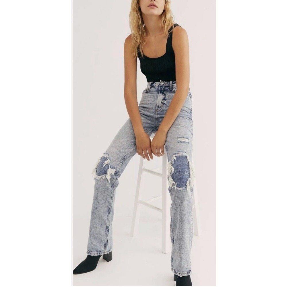 Free People We The Free My Own Lane Straight Jeans Acid Wash Distressed Size‎ 25
